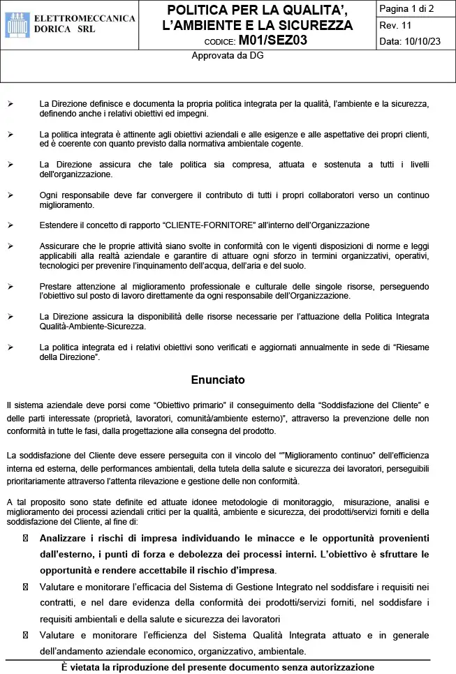 Politica Integrata Qualità, Ambiente e Sicurezza